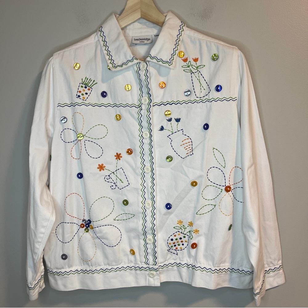 Breckenridge Jacket Womens Plus 1X White Trucker Floral Embroidered Twill 90s